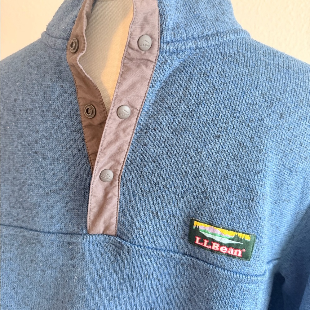 LL Bean Mens Sweater Fleece Pullover Blue Slightly Fitted Snap Neck Small Reg - Picture 2 of 5
